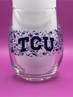 TCU Stemless Wine Glass Purple Floral Texas College Nostalgia